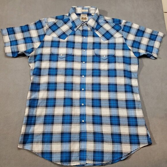 Ely Cattleman Men L Wrinkle Resistant Plaid Short Sleeve Western Shirt Blue/Whit - Picture 1 of 8